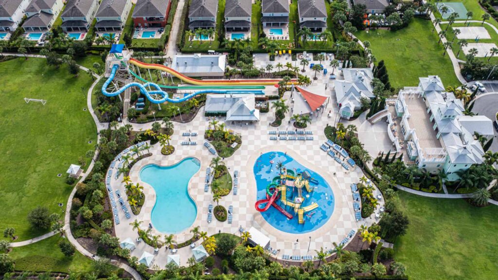 Aerial view of Encore Resort at Reunion clubhouse, water park, and vacation homes