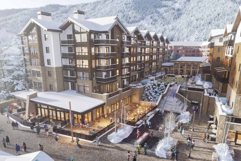 Exterior of Kindred Resort in winter