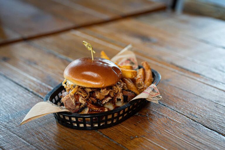 BBQ burger and fries from Lizzie’s Memphis Style BBQ
