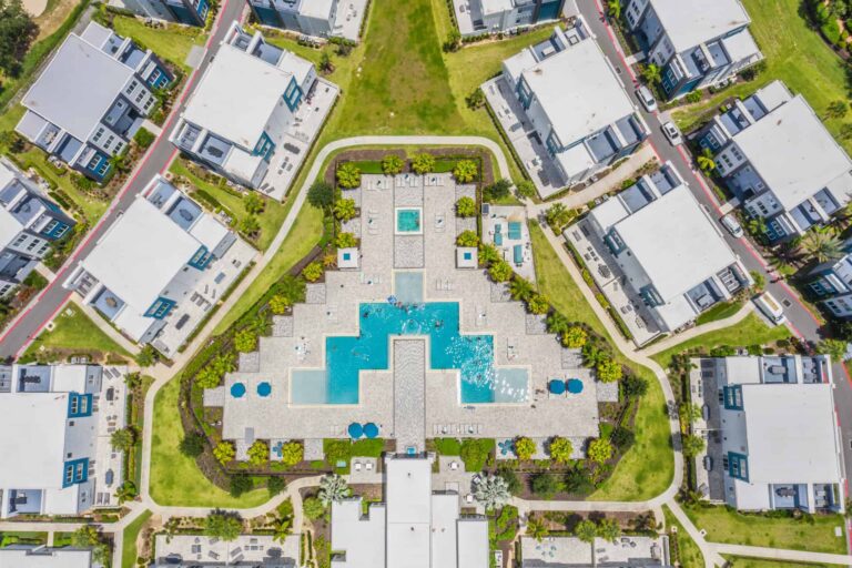 Spectrum Resort Orlando bird’s eye view of clubhouse pool and surrounding condos