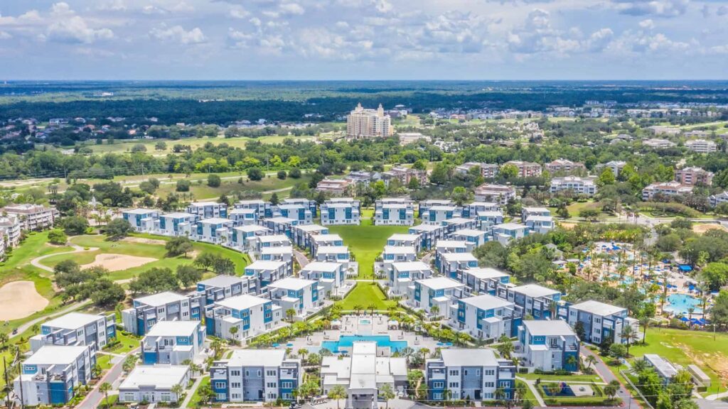 Aerial drone view of Spectrum Resort Orlando condos, clubhouse, and water park