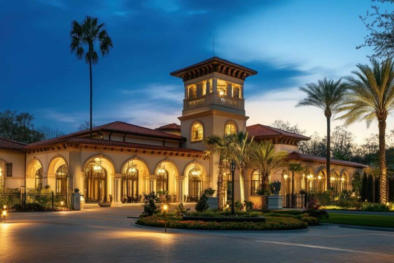 Luxurious resort entrance with palm trees at twilight