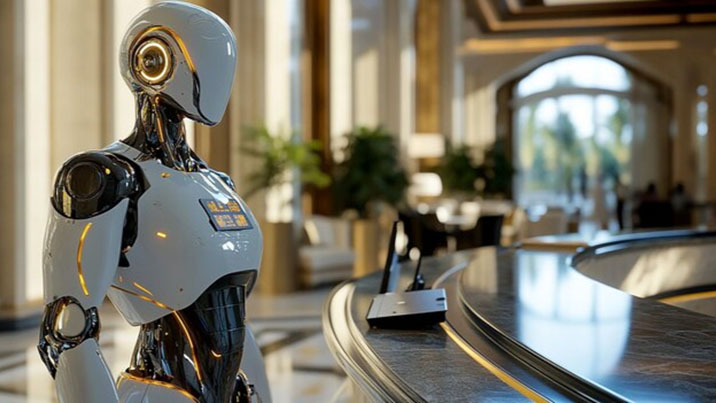 A robot stands in front of a modern hotel lobby, showcasing a blend of technology and hospitality as seen at the 2025 Global Hotel CEO Conference