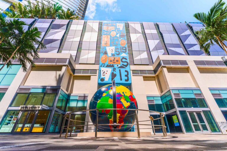 Miami Worldcenter promenade featuring the Historic Pan-Am Globe art installation