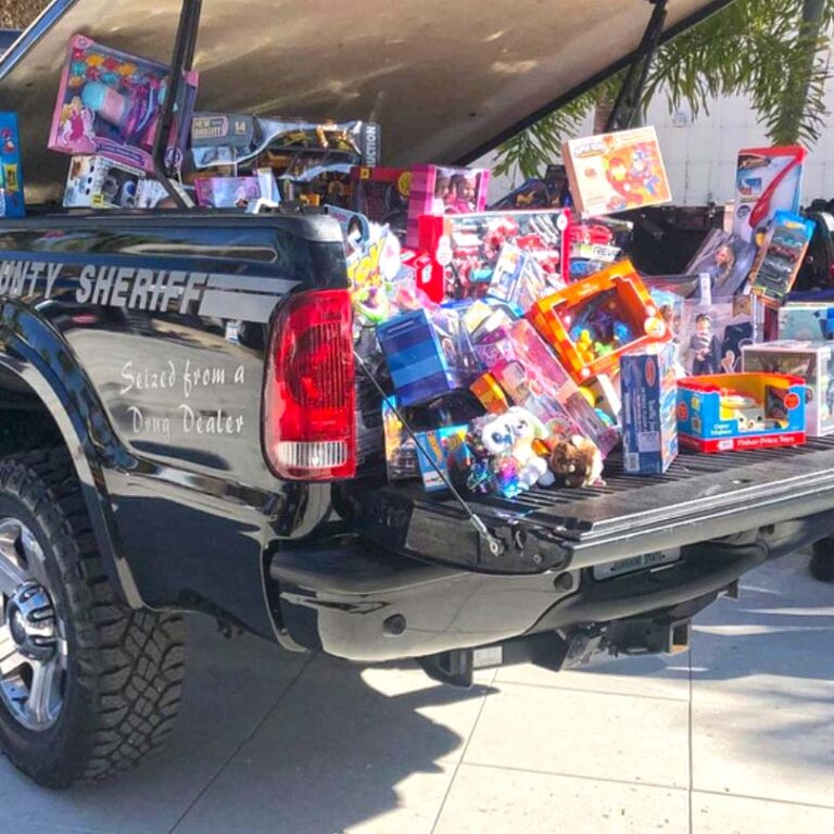 An Osceola County, Florida sheriff’s truck bed loaded with donated toys