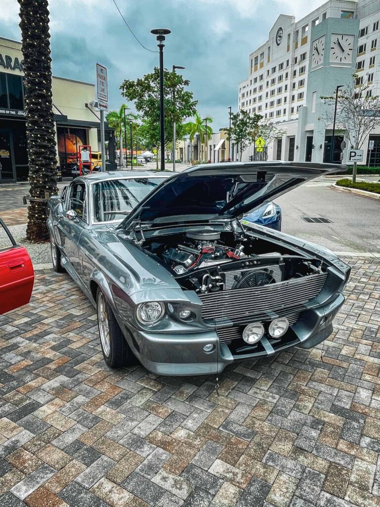 Classic car with its hood up to display the engine at a Plantation Walk calssic car and truck show.,