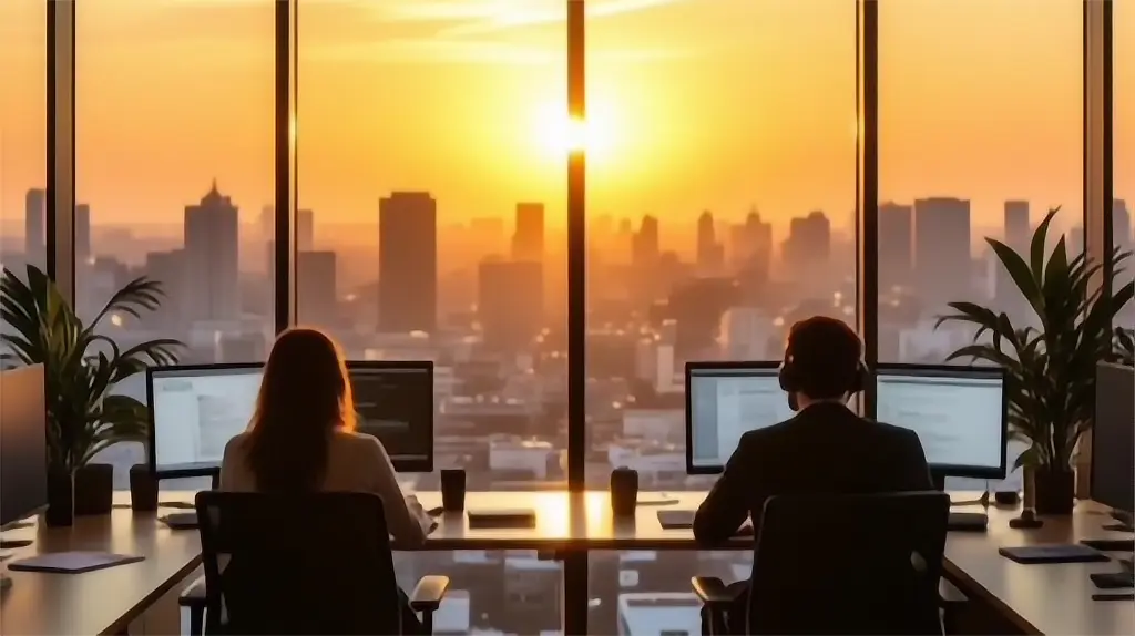 Call center operators working at a desk in front of a glass window overlooking a vast city at sunset