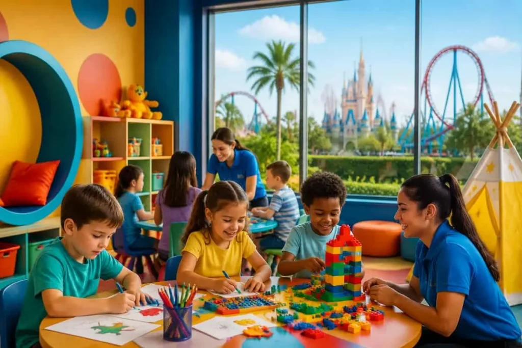 Family-friendly kids' club at Orlando resort with castle view. (Photo: Travel and Tour World, Image generated with AI)