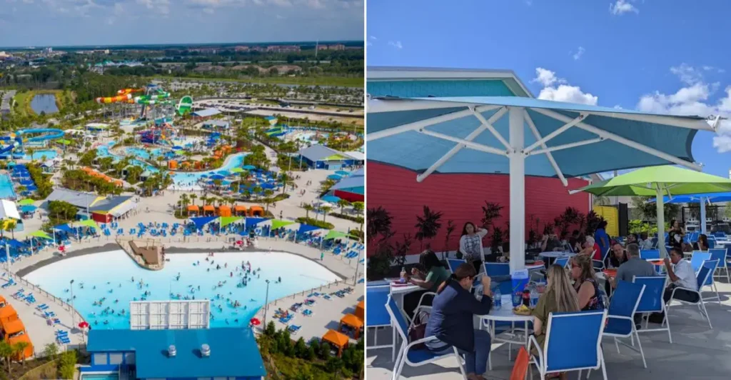 Island H2O Water Park double image: Wave pool and covered outdoor table (Island H2O Water Park / Taking The Kids)