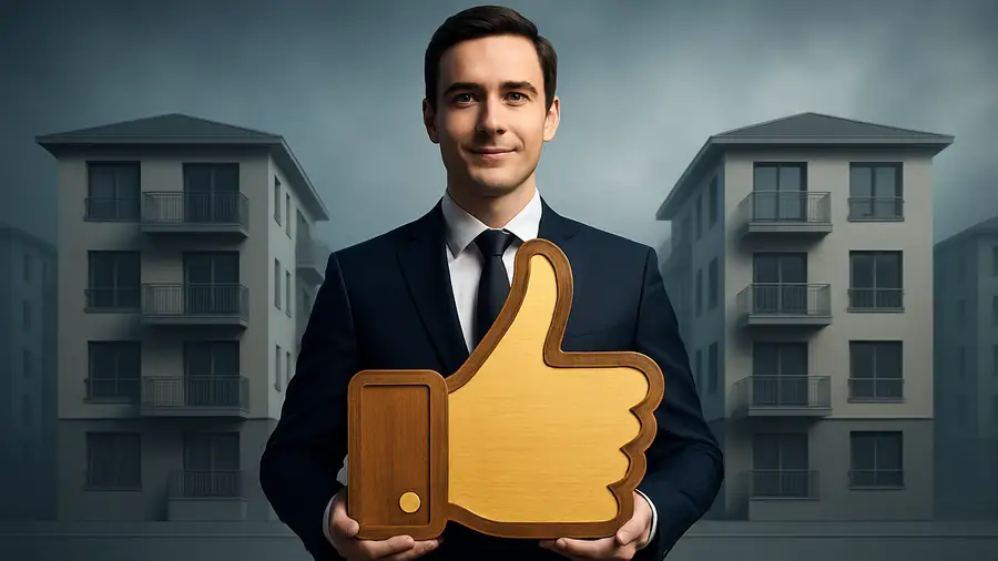 Man holding a large thumbs-up symbol with apartment buildings in the background